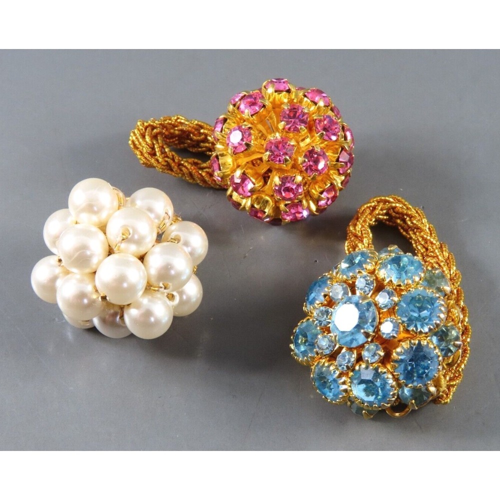 VTG LOT OF 3, Gold Stretch Band Rings FAUX PEARL CLUSTER Blue & Pink Rhinestones